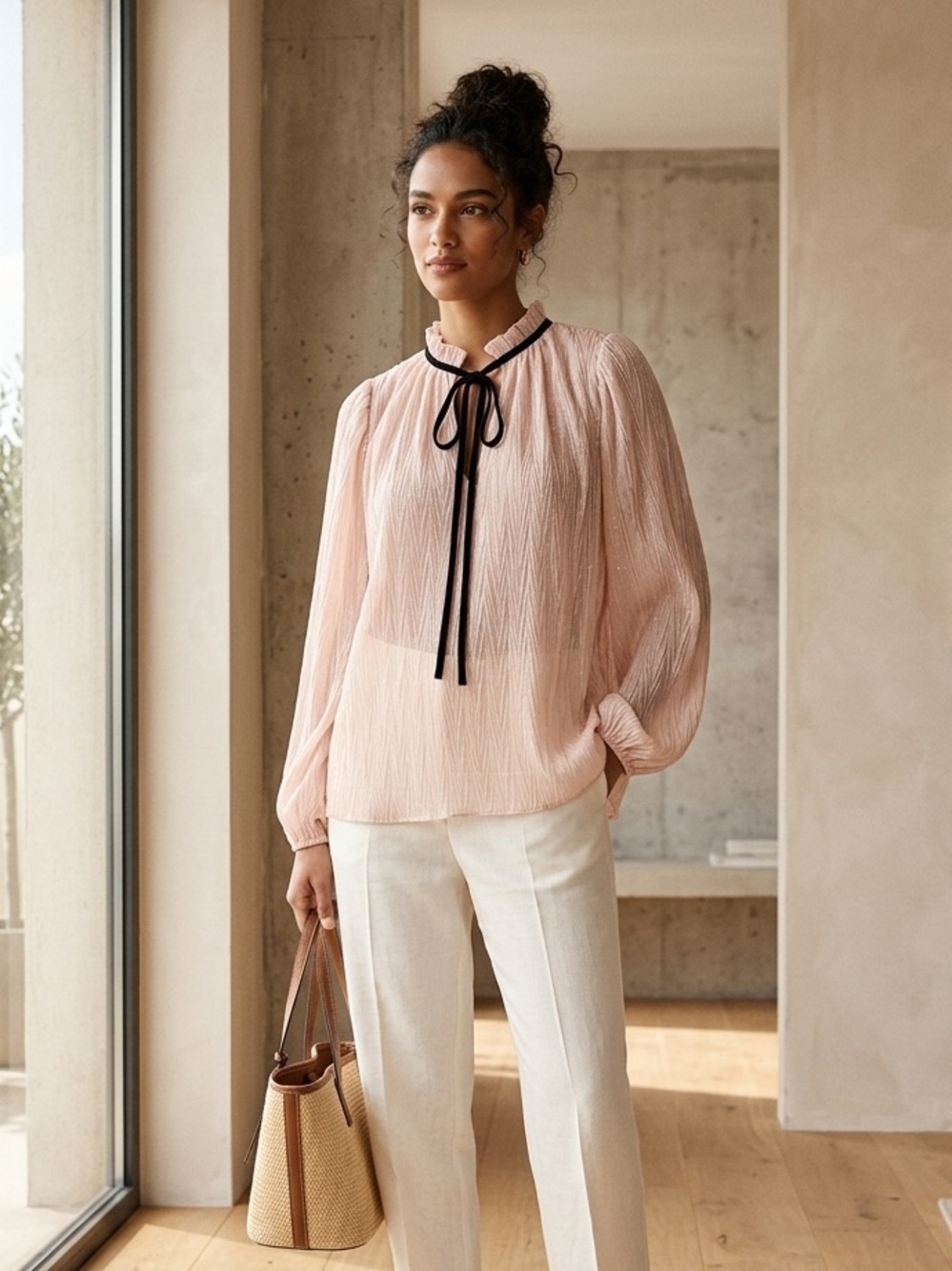 Sweet Rain Blush Pink Long-Sleeve Bow Tie Blouse